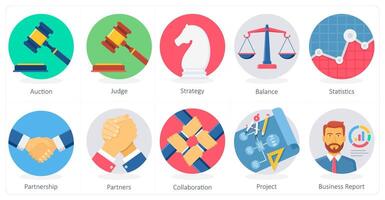 A set of 10 Business icons as auction, judge, strategy vector