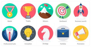 A set of 10 Business icons as medal, trophy, mission vector