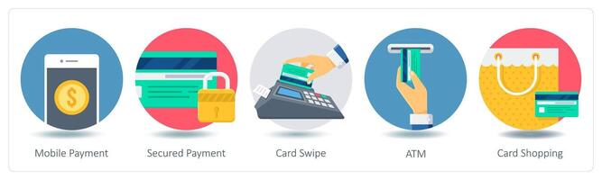 A set of 5 Shopping icons as mobile payment, secured payment, card swipe vector