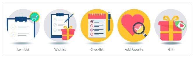 A set of 5 Shopping icons as item list, wishlist, checklist vector