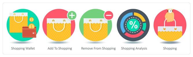 A set of 5 Shopping icons as shopping wallet, add to shopping, remove from shopping vector