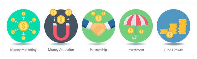 A set of 5 Shopping icons as money marketing, money attraction, partnership vector