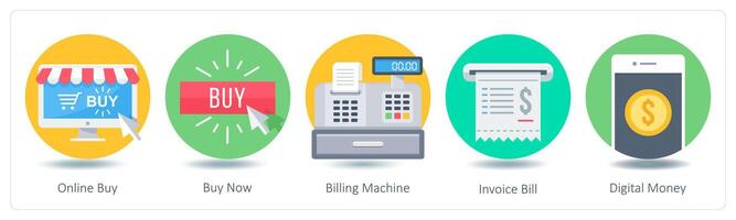 A set of 5 Shopping icons as online buy, buy now, billing machine vector