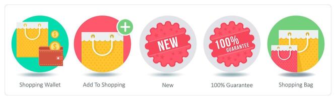 A set of 5 Shopping icons as shopping wallet, add to shopping, new vector