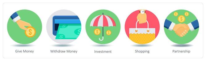 A set of 5 Shopping icons as give money, withdraw money, investment vector