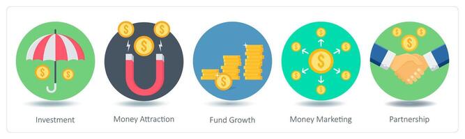 A set of 5 Shopping icons as investment, money attraction, fund growth vector