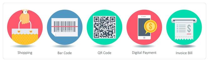 A set of 5 Shopping icons as shopping, bar code, qr code vector