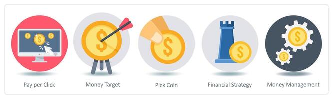 A set of 5 Shopping icons as pay per click, money target, pick coin vector