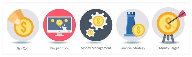 A set of 5 Shopping icons as pick coin, pay per click, money management vector