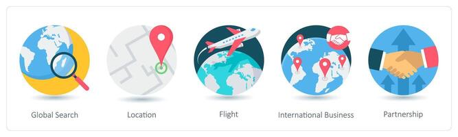 A set of 5 business icons as global search, location, flight vector