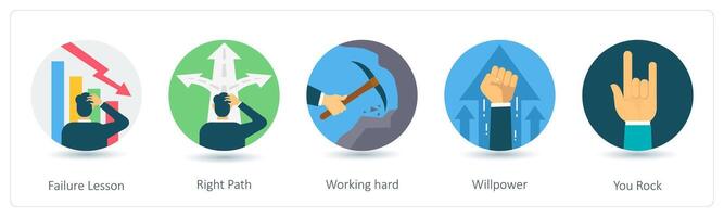 A set of 5 business icons as failure lesson, right path, working hard vector