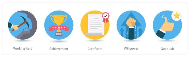 A set of 5 business icons as working hard, achievement, certificate vector