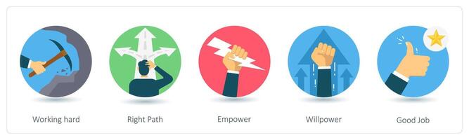 A set of 5 business icons as working hard, right path, empower vector