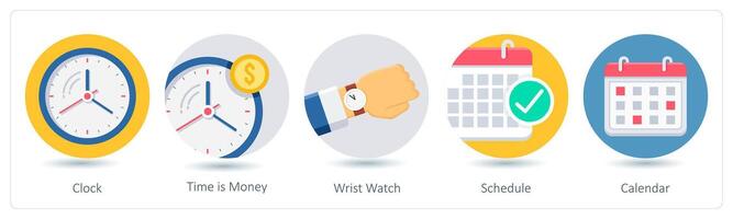 A set of 5 business icons as clock, time is money, wrist watch vector