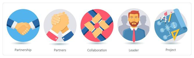 A set of 5 business icons as partnership, partners, collaboration vector