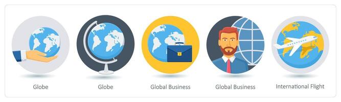 A set of 5 business icons as globe, global business, international flight vector