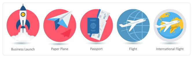 A set of 5 business icons as business launch, paper plane, passport vector