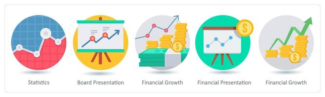 A set of 5 business icons as statistics, board presentation, financial growth vector