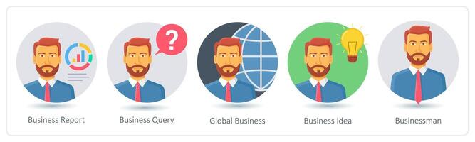 A set of 5 business icons as business report, business query, global business vector