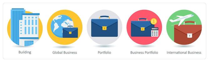 A set of 5 business icons as building, global business, portfolio vector