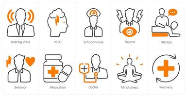 A set of 10 mental health icons as hearing voice, ptsd, schizophernia vector