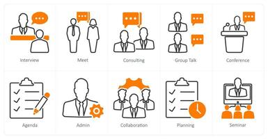 A set of 10 meeting icons as interview, meet, consulting vector