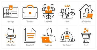 A set of 10 office icons as id badge, briefcase, corporate vector