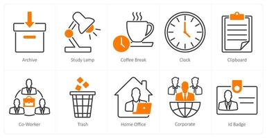 A set of 10 office icons as archive, study lamp, coffee break vector
