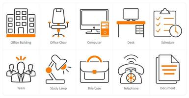 A set of 10 office icons as office building, office chair, computer vector