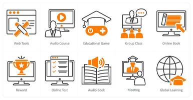 A set of 10 online education icons as web tools, audio course, educational game vector