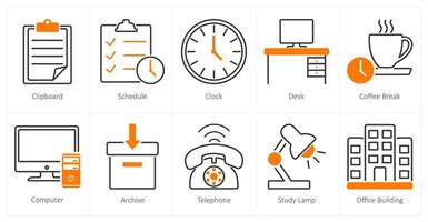 A set of 10 office icons as clipboard, schedule, clock vector