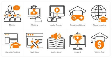 A set of 10 online education icons as mentor, meeting, audio course vector