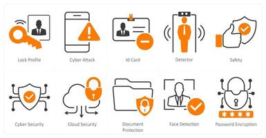 A set of 10 security icons as lock profile, cyber attack, id card vector