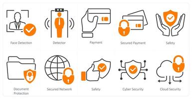 A set of 10 security icons as face detection, detector, payment, secured payment vector