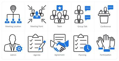 A set of 10 meeting icons as meeting location, meeting point, team vector