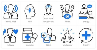 A set of 10 mental health icons as hearing voice, ptsd, schizophernia vector