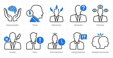 A set of 10 mental health icons as mental health, stress, depression vector
