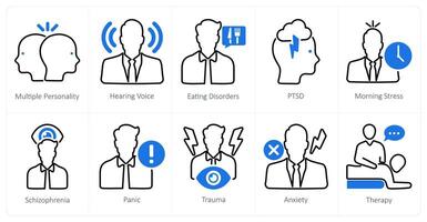 A set of 10 mental health icons as multiple personality, hearing voice, eating disorders vector