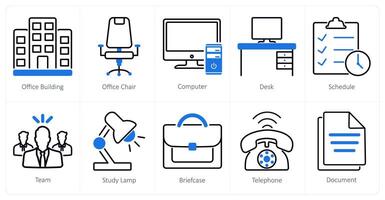 A set of 10 office icons as office building, office chair, computer vector
