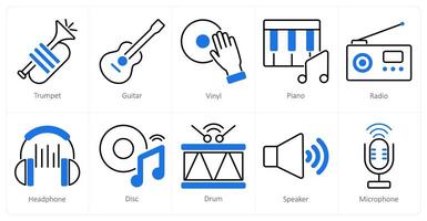 A set of 10 music icons as trumpet, guitar, vinyl vector