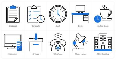 A set of 10 office icons as clipboard, schedule, clock vector