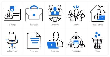 A set of 10 office icons as id badge, briefcase, corporate vector