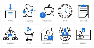 A set of 10 office icons as archive, study lamp, coffee break vector