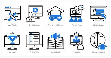 A set of 10 online education icons as web tools, audio course, educational game vector