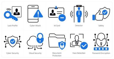 A set of 10 security icons as lock profile, cyber attack, id card vector