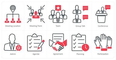 A set of 10 meeting icons as meeting location, meeting point, team vector