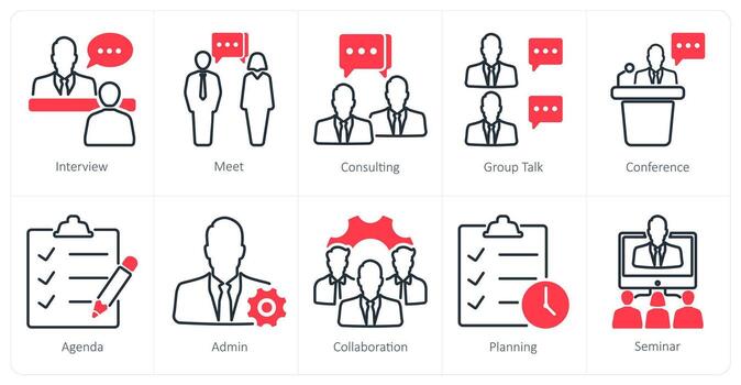 A set of 10 meeting icons as interview, meet, consulting vector