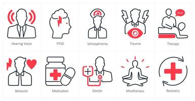 A set of 10 mental health icons as hearing voice, ptsd, schizophernia vector