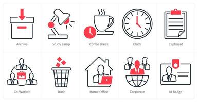 A set of 10 office icons as archive, study lamp, coffee break vector