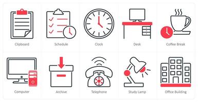 A set of 10 office icons as clipboard, schedule, clock vector